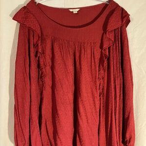 Brick Red tone on tone print ruffled top